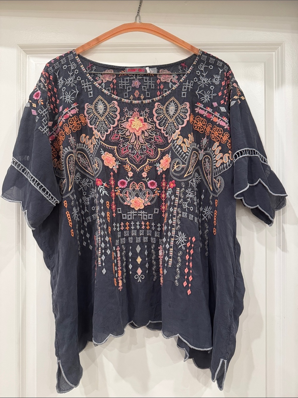 Johnny Was Charcoal Embroidered Floral Tunic with Pink and Orange Accents